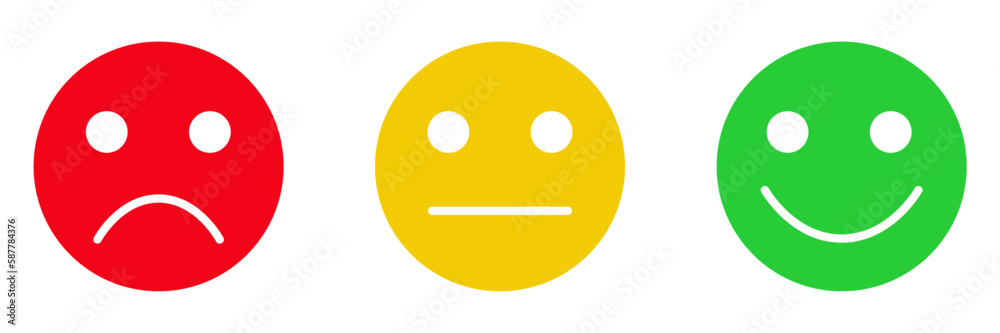 Satisfaction feedback survey emoji, flat style red, yellow, green color rating emoticons. Good, bad, average icons with sad, neutral and happy mood face vector symbols isolated on white background. Satisfaction feedback survey emoji, flat style red, yellow, green color rating emoticons. Good, bad, average icons with sad, neutral and happy mood face vector symbols isolated on white background.
