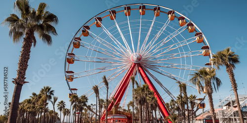 A staggering Ferris wheel stands against a backdrop of a horizon in Santa Monica, United States. It towers above the amusement park, a beacon of fun and adventure. - generative ai