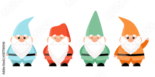 Set of illustrations of gnomes in colored clothes. 
Garden decor, gnome sculpture.
