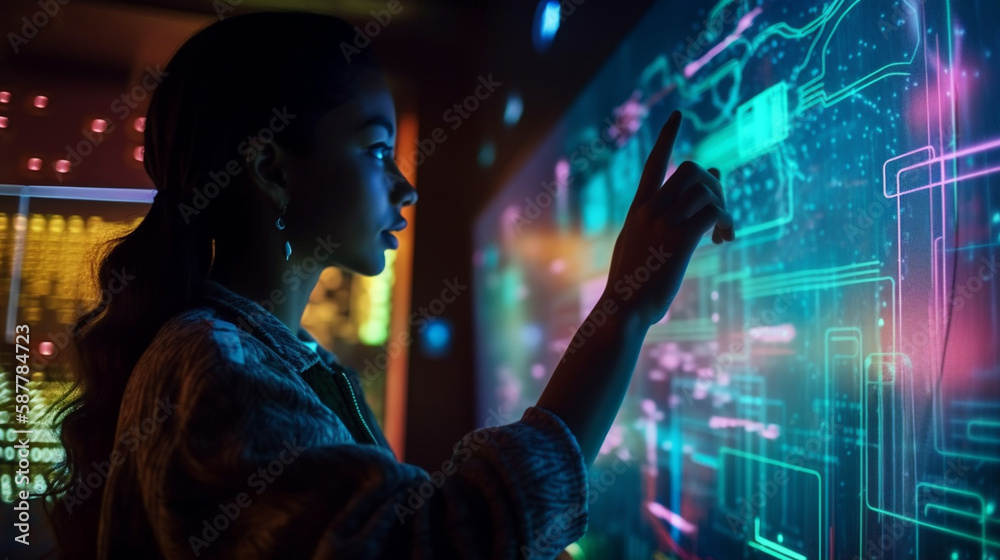 Portrait of young Asian woman using digital tablet in the dark room.generative ai Portrait of young Asian woman using digital tablet in the dark room.generative ai