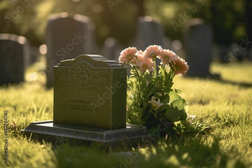 Photo a simple memorial headstone for a deceased with a bouquet of flowers, green lawn