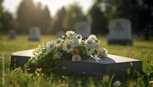 Fotografering a simple memorial headstone for a deceased with a bouquet of flowers, green lawn