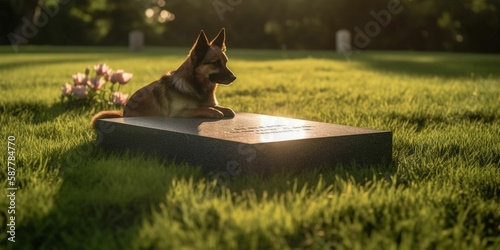 a simple memorial headstone for a deceased with a dog, green lawn, natural ambie Fototapet