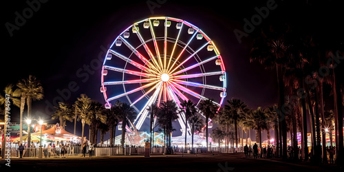 A mysterious ferris wheel looms in the distance of the sunny Santa Monica coast, a reminder of the joy of amusement and the power of generative ai. - generative ai