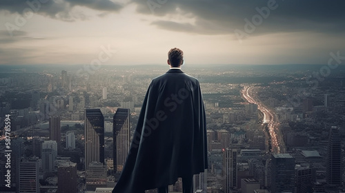 Rear view of confident businessman in black cape looking at cityscape.generative ai