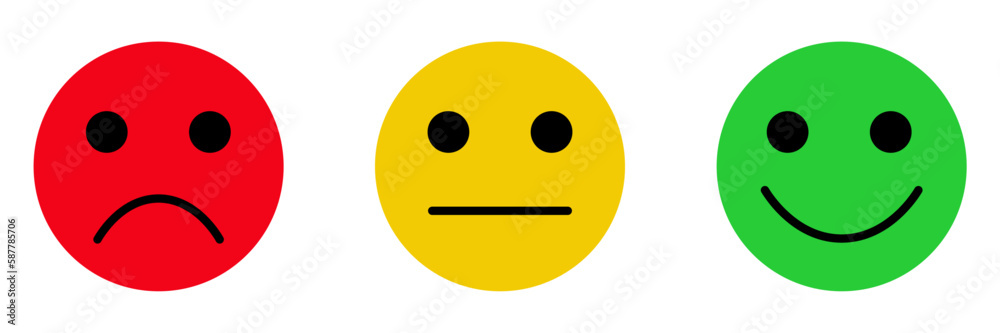 Satisfaction feedback survey emoji, flat style red, yellow, green color rating emoticons. Good, bad, average icons with sad, neutral and happy mood face vector symbols isolated on white background. Satisfaction feedback survey emoji, flat style red, yellow, green color rating emoticons. Good, bad, average icons with sad, neutral and happy mood face vector symbols isolated on white background.