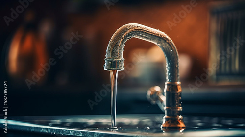 Faucet with running water on the countertop in the kitchen.generative ai