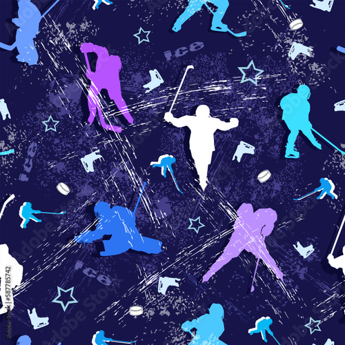 Dark purplish blue sports texture. Hockey ice arena with children hockey players. Skates, sticks and pucks. Vector illustration.