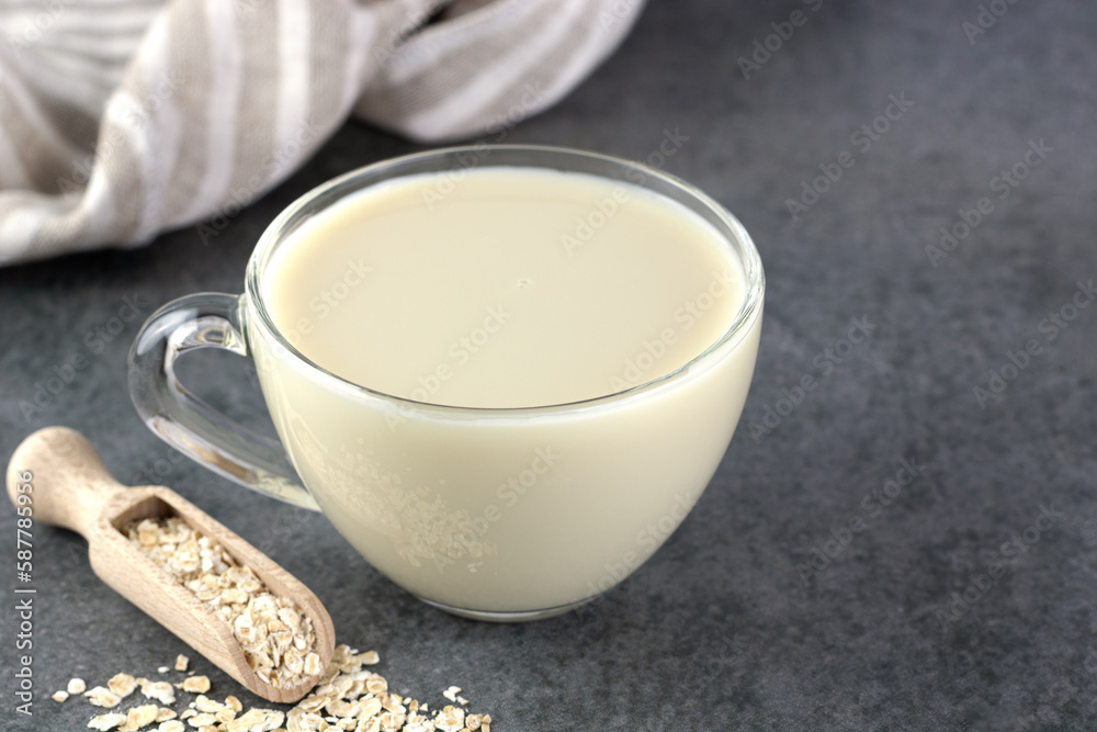 Transparent glass mug of oat milk and oatmeal on a gray background. The concept of alternative lactose-free dairy products. Transparent glass mug of oat milk and oatmeal on a gray background. The concept of alternative lactose-free dairy products.