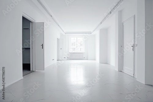 Illustration of an empty white room with doors. Generative AI