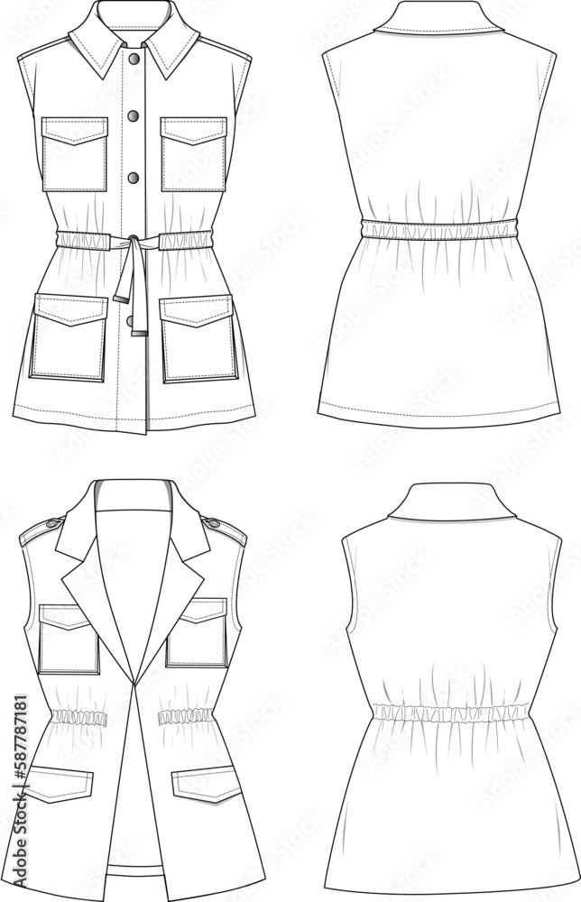 Women's Utility Suit Vest Set. Technical fashion illustration. Front ...