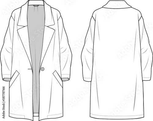 Unisex Long Line, Button-up, Wool Like Coat- Technical fashion illustration. Front and back, white color. Unisex CAD mock-up.