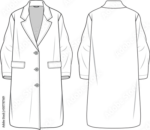 Unisex Long Line, Button-up, Wool Like Coat- Technical fashion illustration. Front and back, white color. Unisex CAD mock-up.