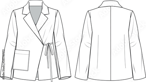 Women's Wrap Front Blazer Jacket. Technical fashion illustration. Front and back, white color. Women's CAD mock-up.