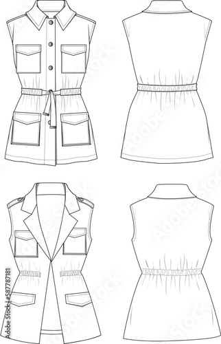 Women's Utility Suit Vest Set. Technical fashion illustration. Front and back, white color. Unisex CAD mock-up.