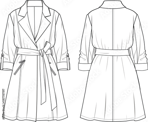 Women's Zip Detail Longline Jacket. Technical fashion illustration. Front and back, white color. Women's CAD mock-up.