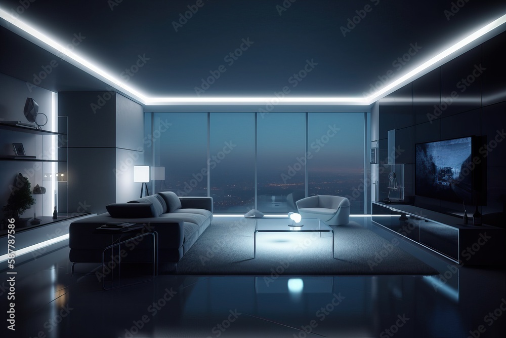 Sleek Modern Living Room Illuminated Interior - Generative AI	