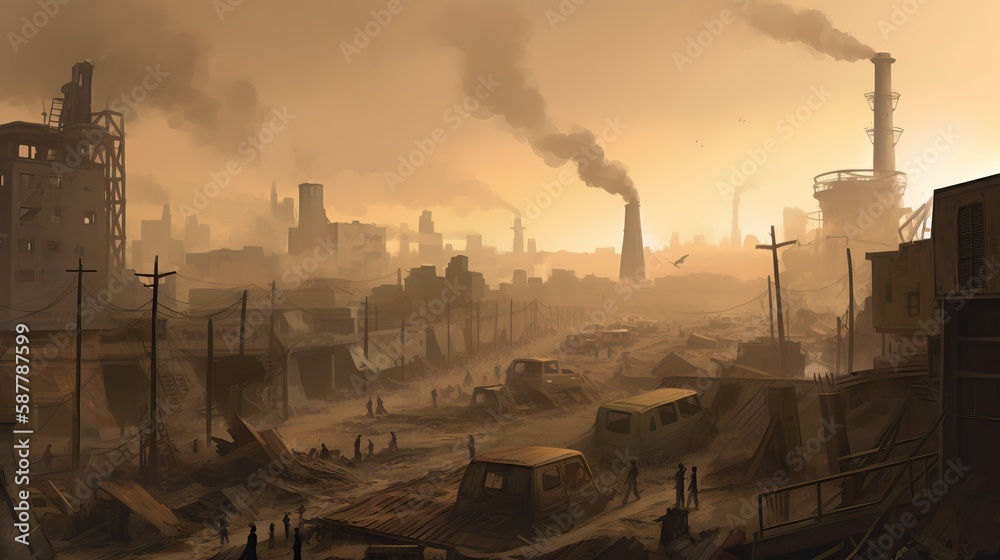 Heavily Polluted Cityscape with Smog and Toxic Fumes - Generative AI	