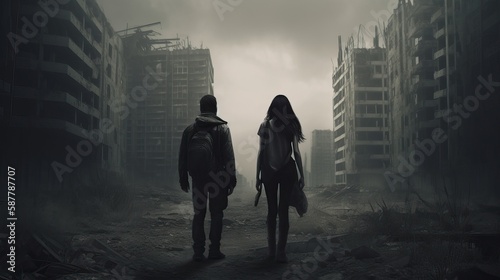 Wide Shot of Survivors in Apocalypse Dark Urban Fantasy City Destroyed - Generative AI 