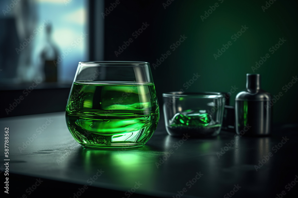 glass of green liquid sitting on a table. Generative Ai glass of green liquid sitting on a table. Generative Ai