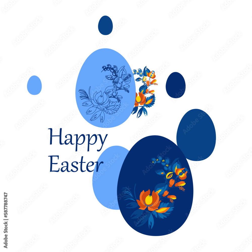 Greeting Easter card. Painted egg with unusual patterns in the traditional Ukrainian Petrykivka painting. Elements of blue and yellow floral ornament. Decorative composition.