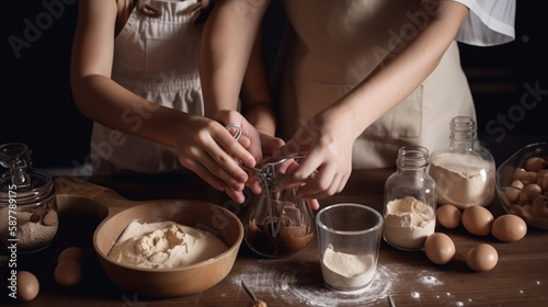 Close-up of child's hands kneading dough for cookies.generative ai
