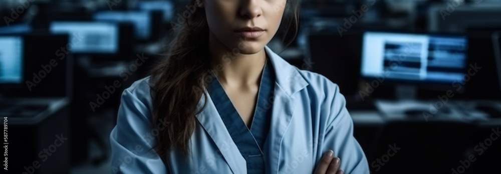 cropped view of female doctor in white coat standing in hospital corridor.generative ai