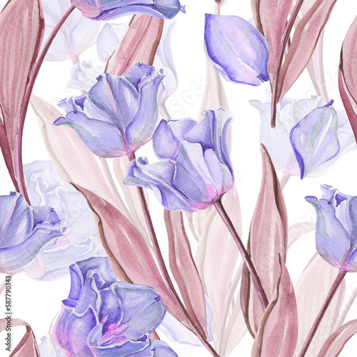 Watercolor seamless floral pattern for textile, decor and packing. Striped crown tulips in purple colors on white background.