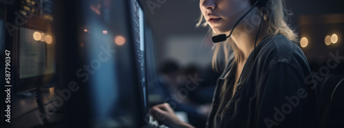 Young female customer support operator working in call center office.generative ai