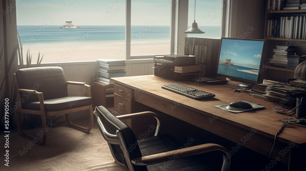 Laptop on the table with tropical beach .generative ai Laptop on the table with tropical beach .generative ai