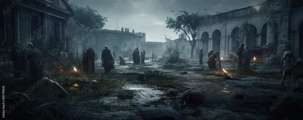 Hordes of ravenous zombies wandering through nighttime cemetery ruins. Horror Halloween concept background. Generative AI