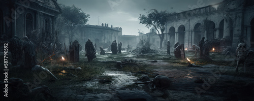 Hordes of ravenous zombies wandering through nighttime cemetery ruins. Horror Halloween concept background. Generative AI