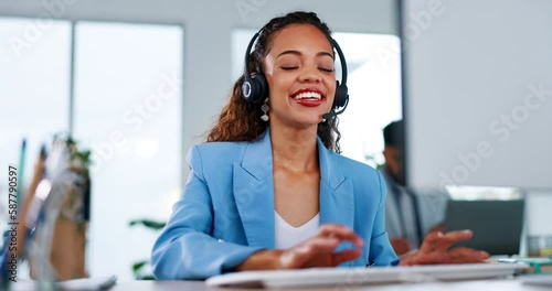 Business woman, call center and consulting with headphones on computer for customer service or support. Happy friendly female consultant agent talking and typing with headset on PC for online advice