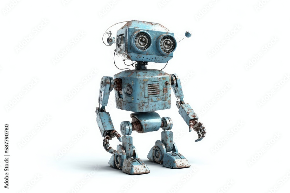 futuristic blue robot standing on a white platform. Generative AI futuristic blue robot standing on a white platform. Generative AI