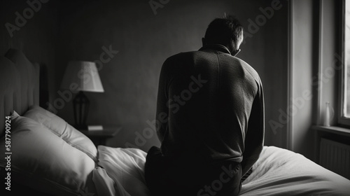 Man sitting on the bed in the morning. generative ai © S...