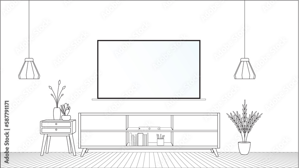 modern living room, A sketch of a living room with a tv and a table with a vase of flowers. modern living room, A sketch of a living room with a tv and a table with a vase of flowers.