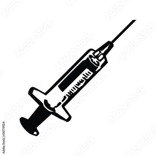 Medical syringe, vaccine, blood vector flat icon. Isolated coronavirus vaccination sign design.