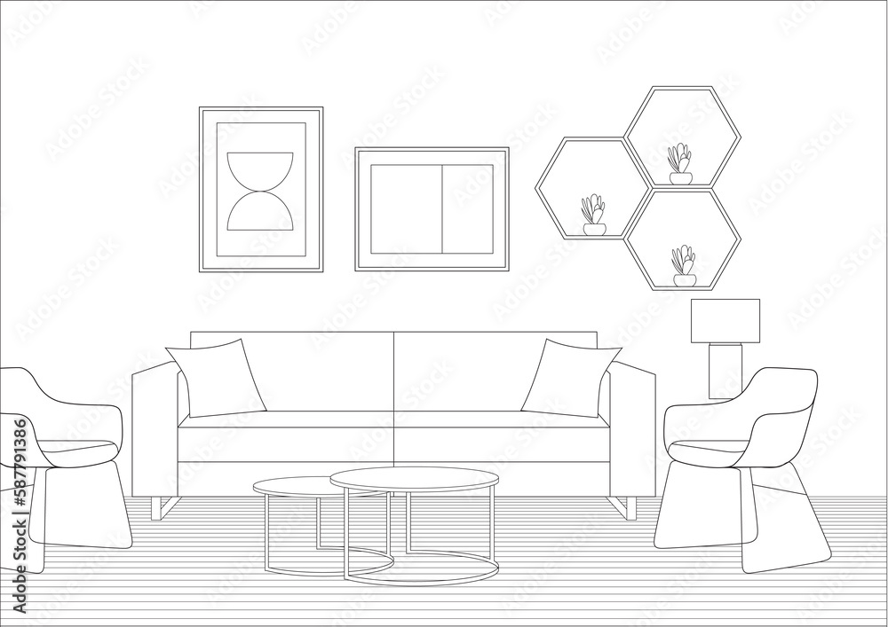 interior of a room, modern living room, A sketch of a living room with a tv and a table with a vase of flowers.