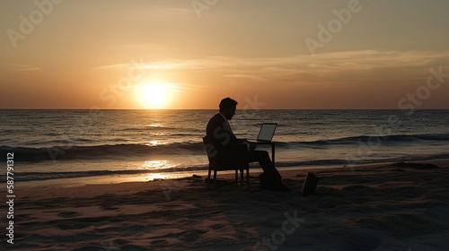 A man sits on a beach in front of a laptop computer.generative ai