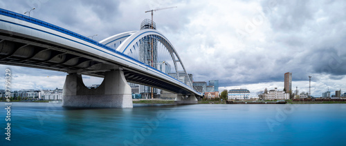 Old Bridge, or Starý most over the Danube, dedicated pedestrian and cycle paths with views of Old Town skyline in Bratislava, Slovakia