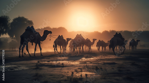 A group of camels are silhouetted against a sunset sky.generative ai