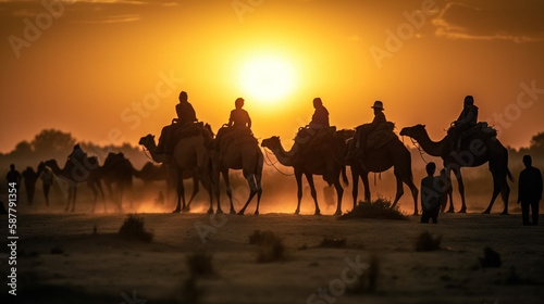 A group of camels are silhouetted against a sunset sky.generative ai
