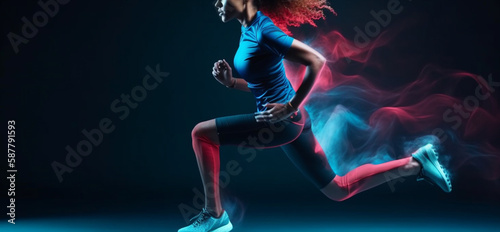 A woman in a running suit with a light blue background.generative ai © S...