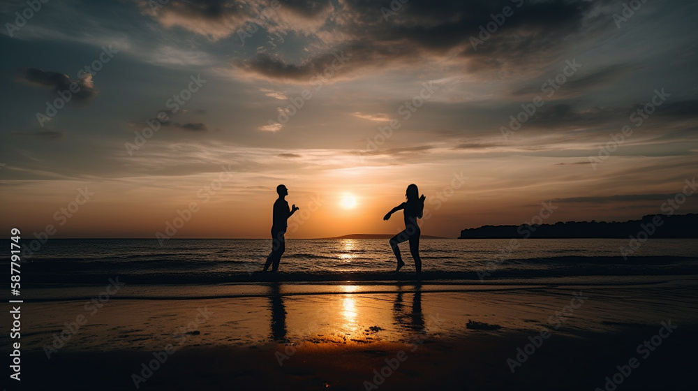 A couple walking on a beach with the sun setting behind them.generative ai