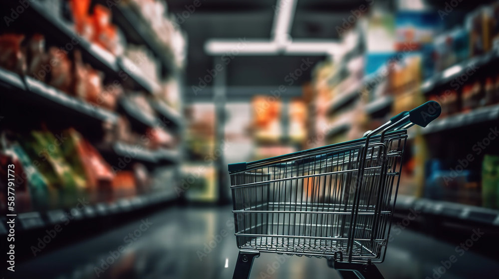 empty shopping cart near packages on shelves in store. Generative Ai empty shopping cart near packages on shelves in store. Generative Ai