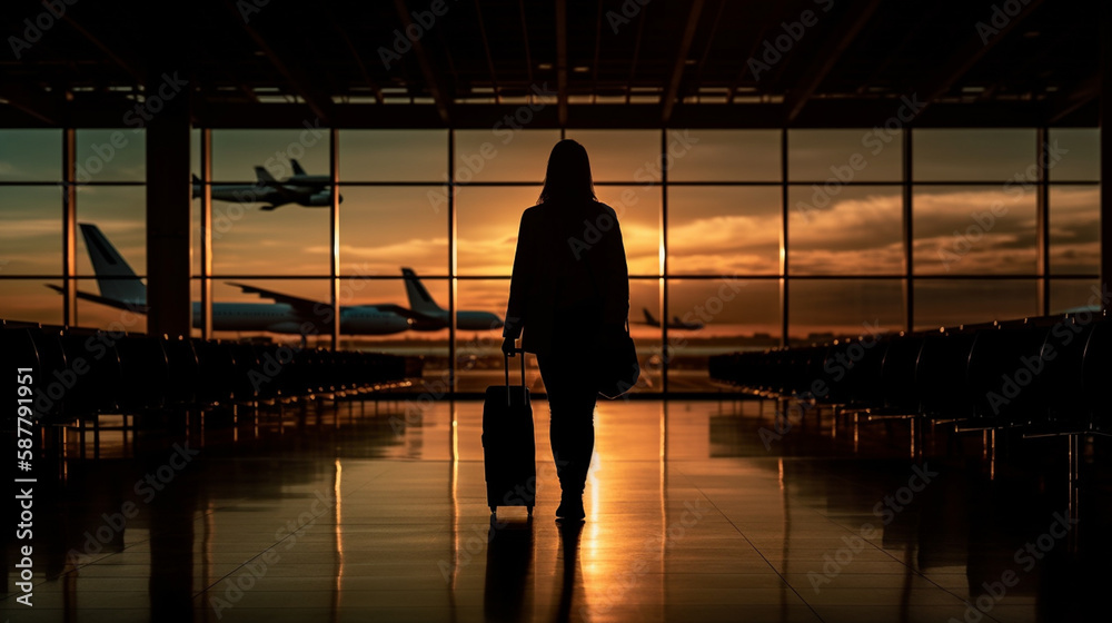 A woman is walking in an airport with a suitcase in front of a window with the sun setting behind her.generative ai