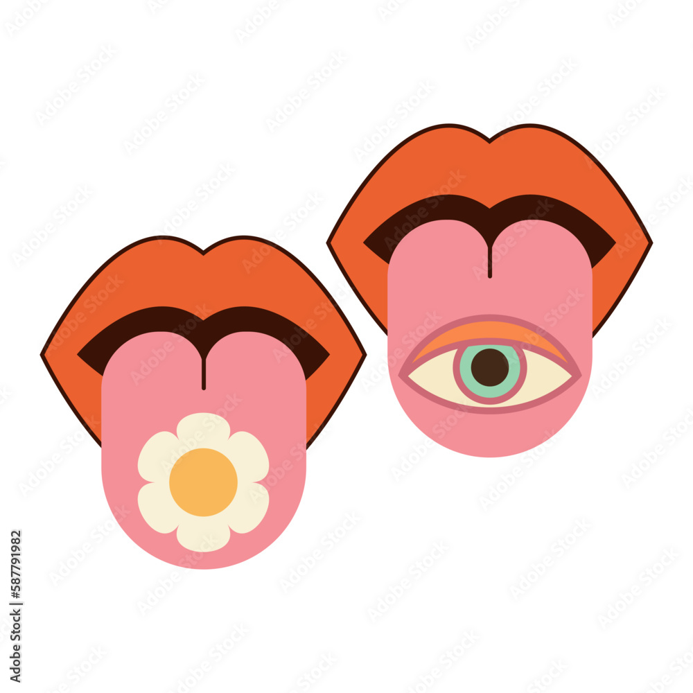 Mouth with tongue sticking out, lips blowing pink and open mouth with eye. Various mimic emotions and facial expressions. Vector illustration in vintage retro style. Flower Mouth with tongue sticking out, lips blowing pink and open mouth with eye. Various mimic emotions and facial expressions. Vector illustration in vintage retro style. Flower
