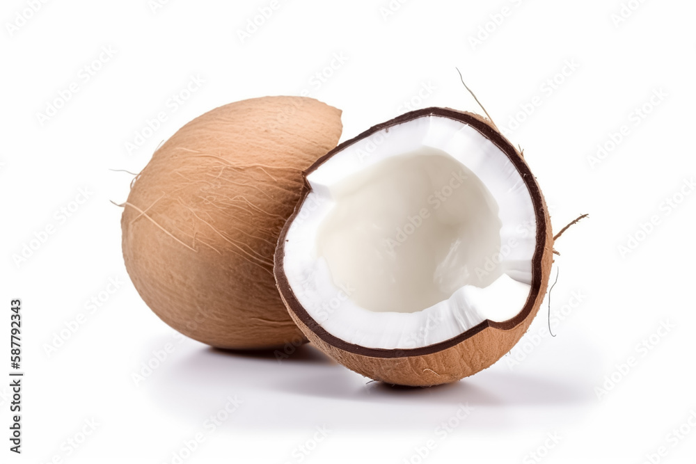 Fresh organic coconut with half isolated on white background. generative ai Fresh organic coconut with half isolated on white background. generative ai