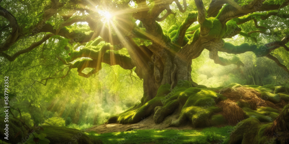 Sun shines through the ancient tree. Generative AI illustration