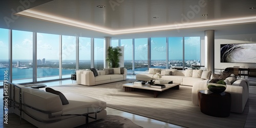 Modern living room with large windows showing the cityscape skyline outside
